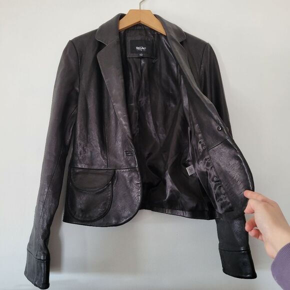 Mossimo Leather Black Women's Blazer Jacket Small Pockets Button - Picture 6 of 9